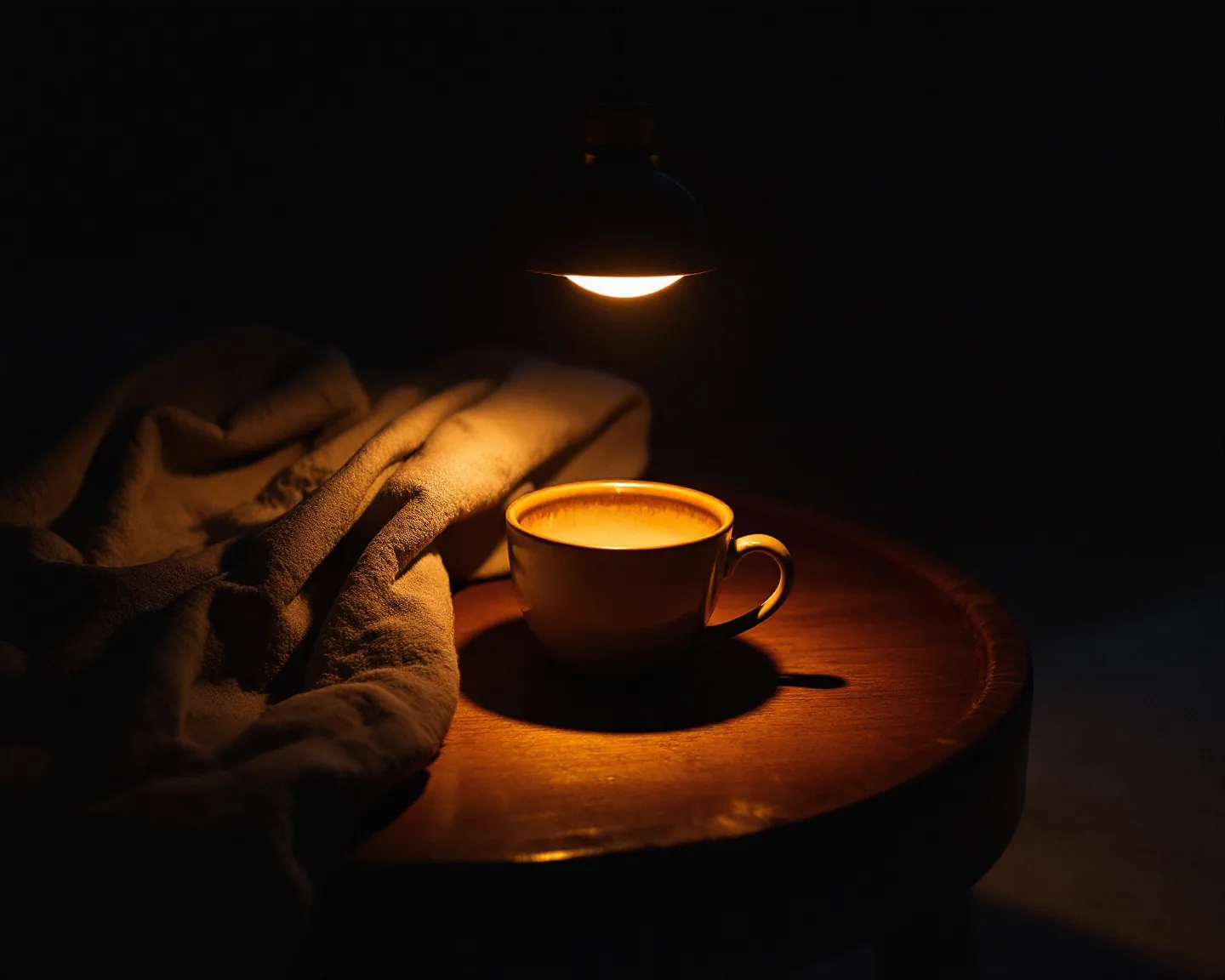 A warm lamp glowing over a ceramic cup on a dark table at night
