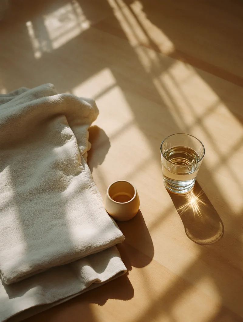 Morning sun across a wooden floor with a folded towel and a glass of water