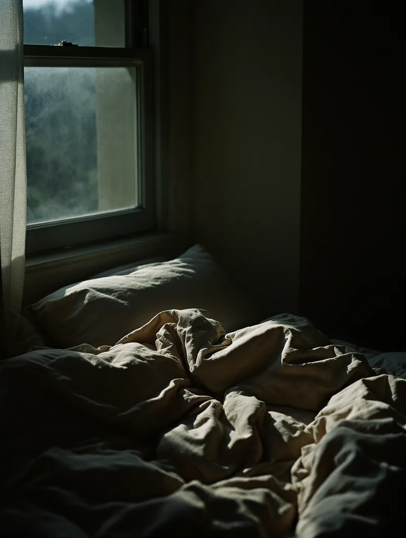Moonlight across linen bedding in a dark bedroom