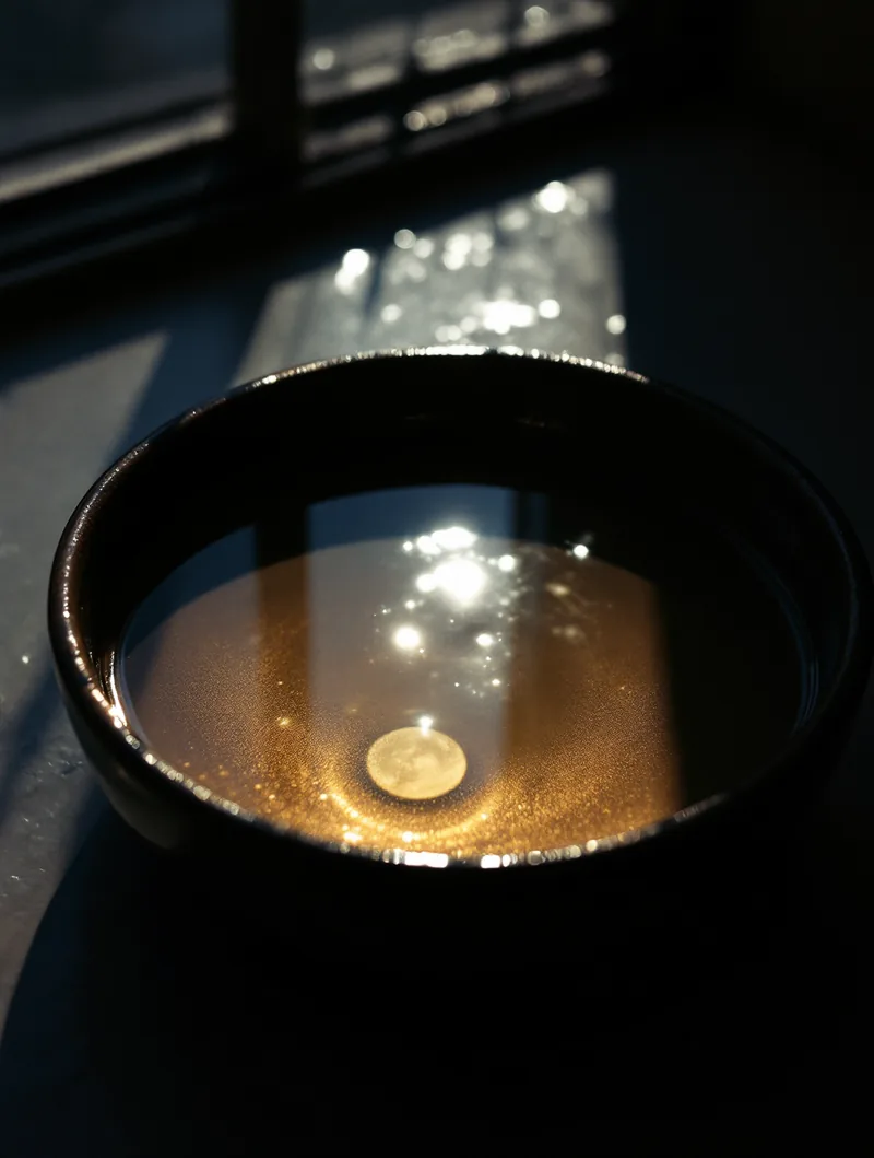 Moonlight shimmering on still water in a dark ceramic bowl by a window